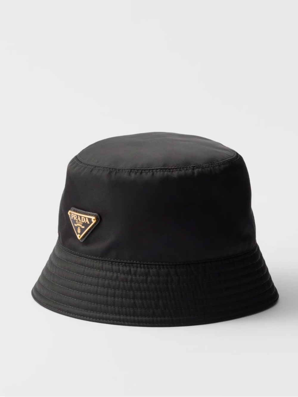 Prada Black Nylon Bucket Hat with Gold Triangle Emblem